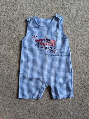 12-18 Month 4th of July Blue Gingham Baby Romper Shortalls Embroidered